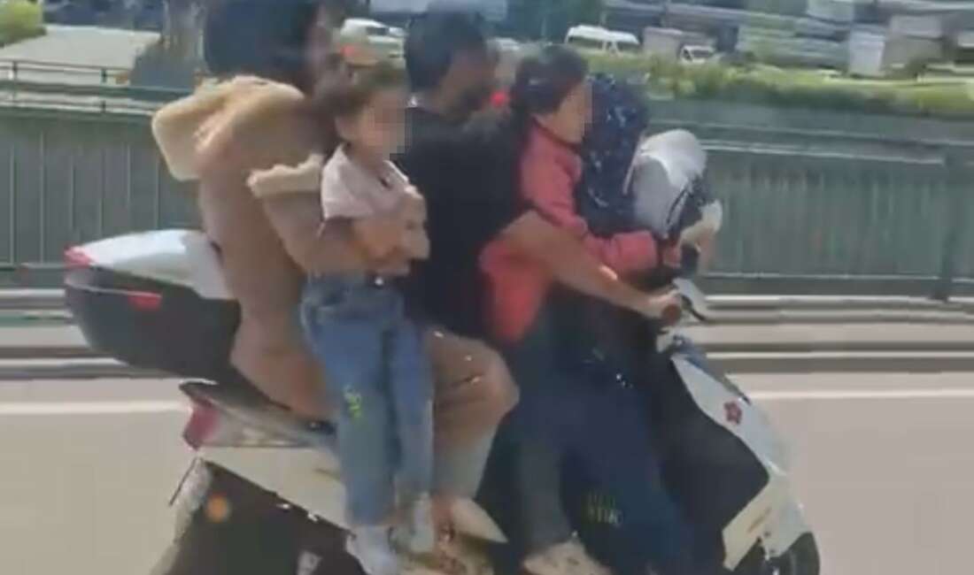 Bursa’da motosiklete 5 kişi binen aile yürekleri ağza getirdi Bursa’da anayol üzerinde motora