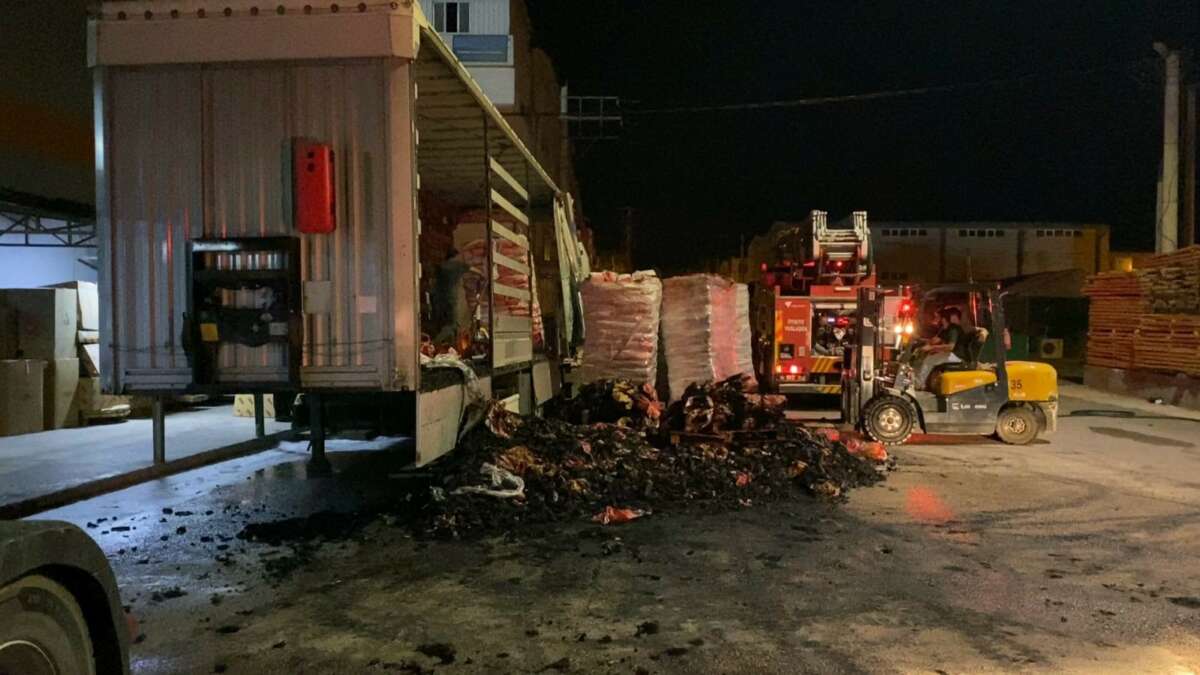 Mangal kömürü yüklü tır alev alev yandı