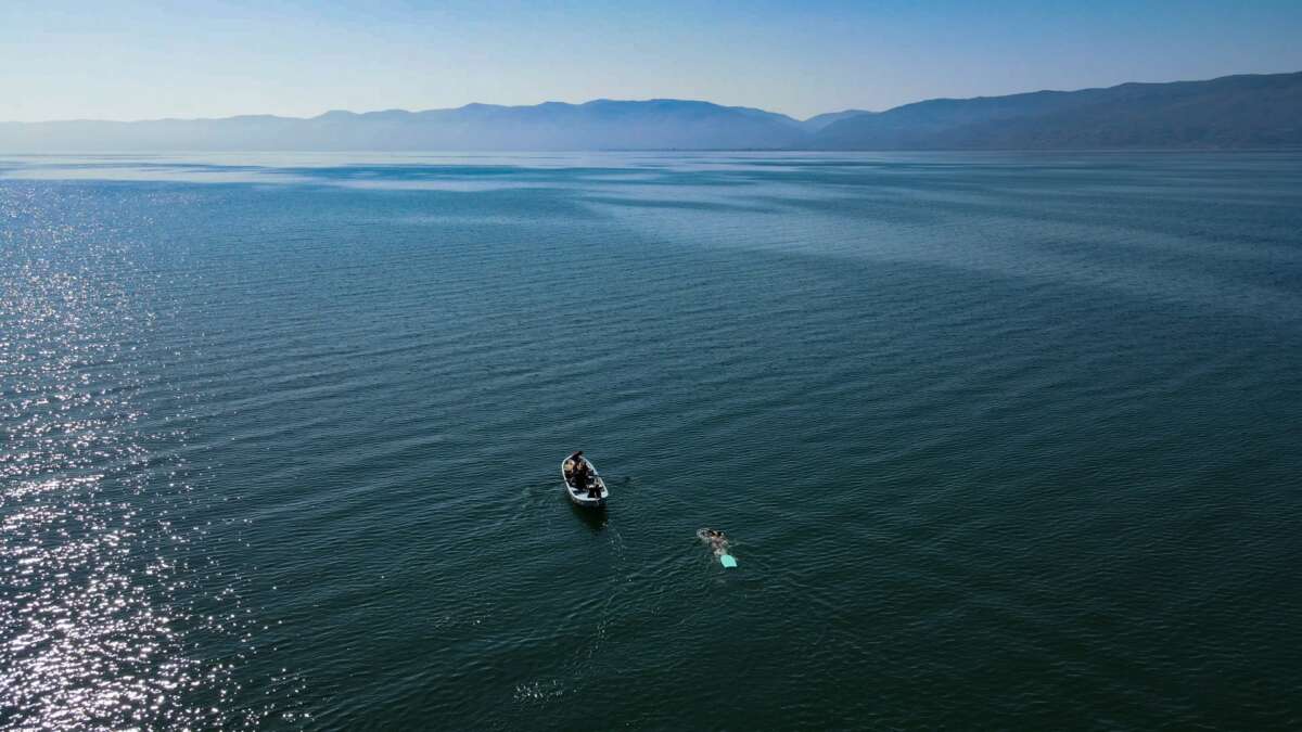 İznik Gölü’ndeki kuraklığa dikkat çekmek için gölü baştan başa yüzdü