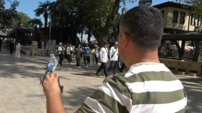 Sahibinin omzunda ve elinde çarşıyı geziyor