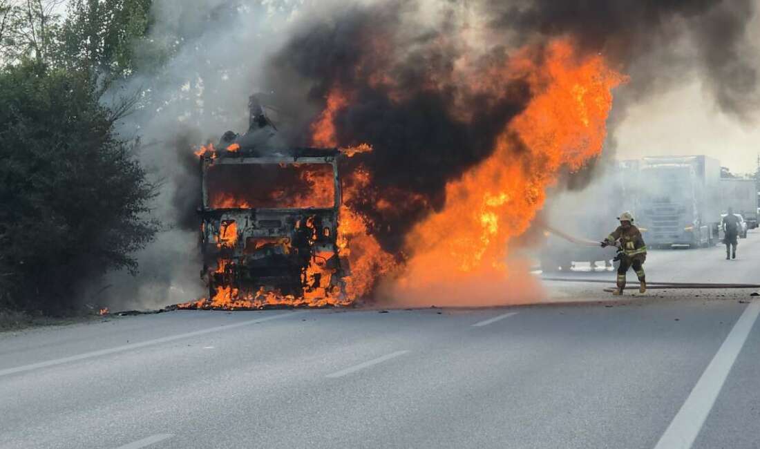 Moldova plakalı nişasta yüklü tır otobanda alevlere teslim oldu Moldova'dan yüklediği nişastayı Bursa'ya